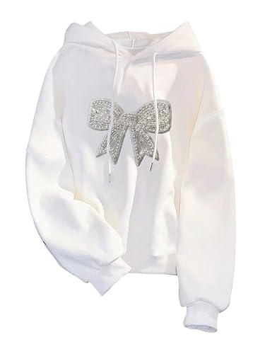 SweatyRocks Women's Oversized Hoodies Sweatshirt Rhinestone Pearl Bow Long Sleeve