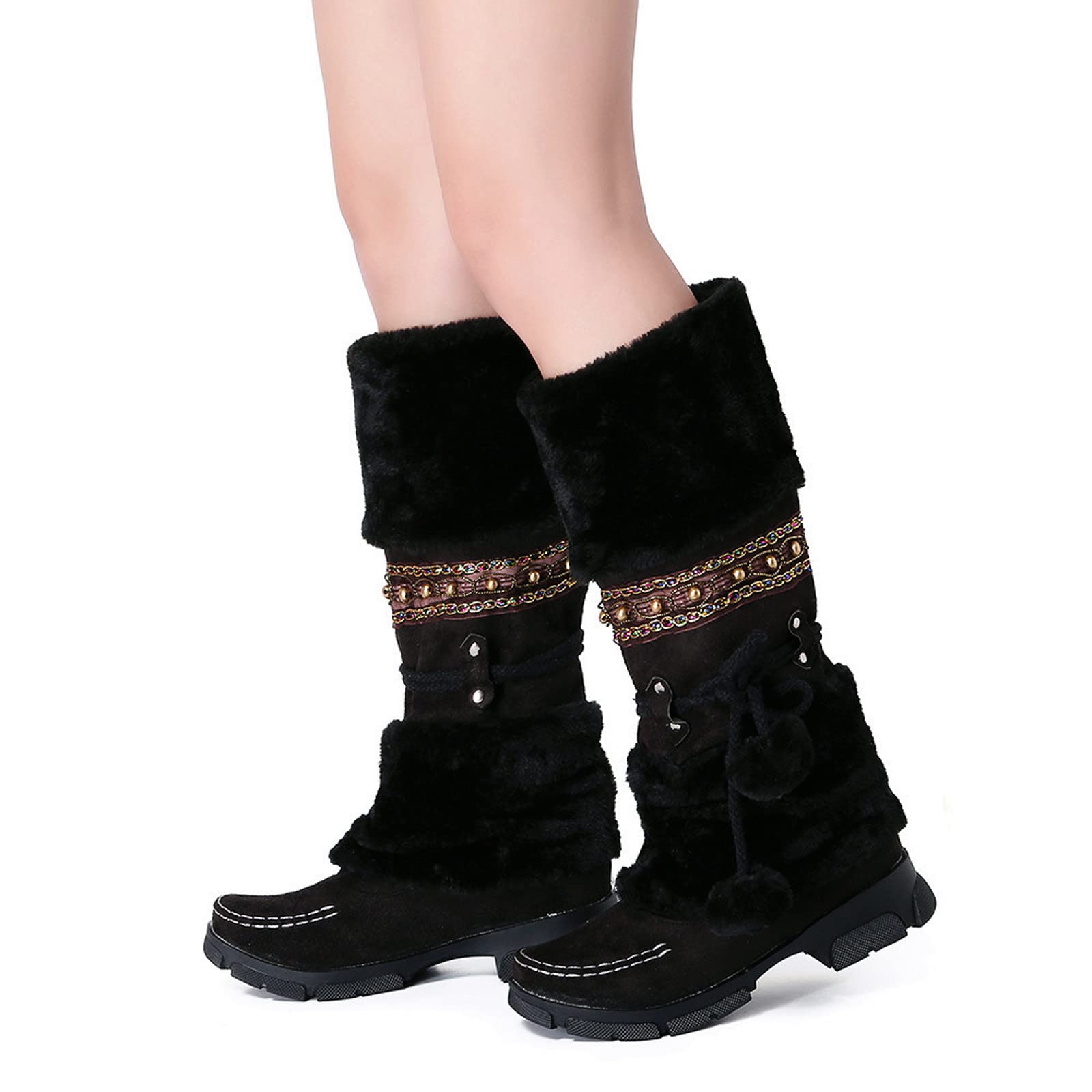 Stivali da Neve Donna con Tacco Caldi Stivaletti Slip-On Pelo Medio Rotondi Design Retro Antiscivolo Impermeabili Invernali