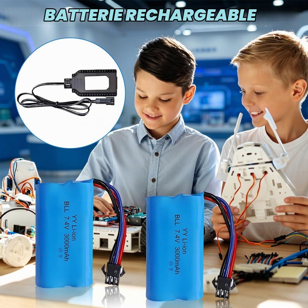 Lot de 2 Batteries Li-ION Rechargeables 7.4 V 3000 mAh avec Fiche SM-3P et Chargeur, Batterie au Lithium pour Véhicules Télécommandés, Chars, Cascadeurs et Robots