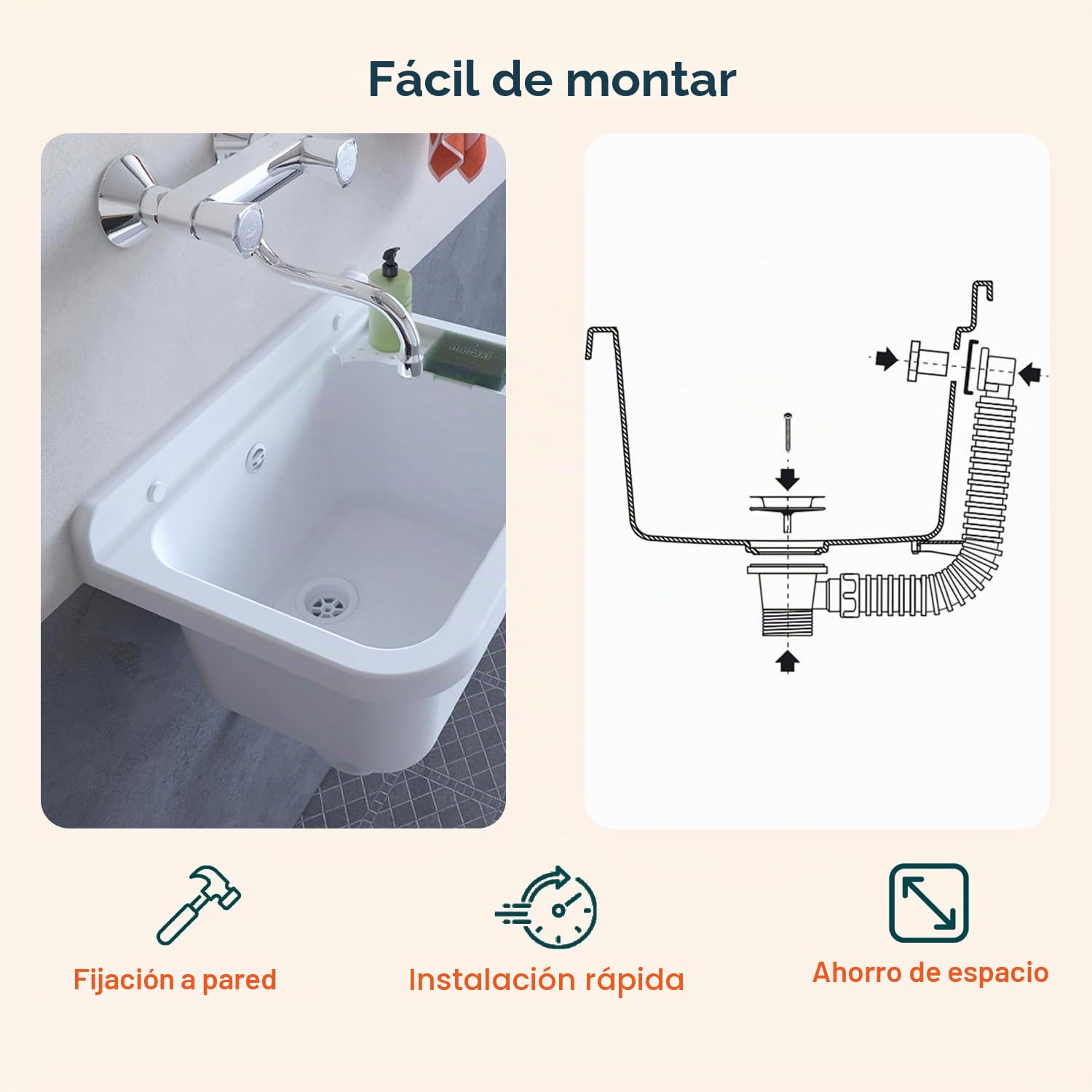 Avilia Lavadero de exterior – Lavabo de pared para lavar ropa a mano, ideal para jardines, terrazas, camping, con superficie antideslizante, de resina, 50 x 35 x 24 cm, blanco