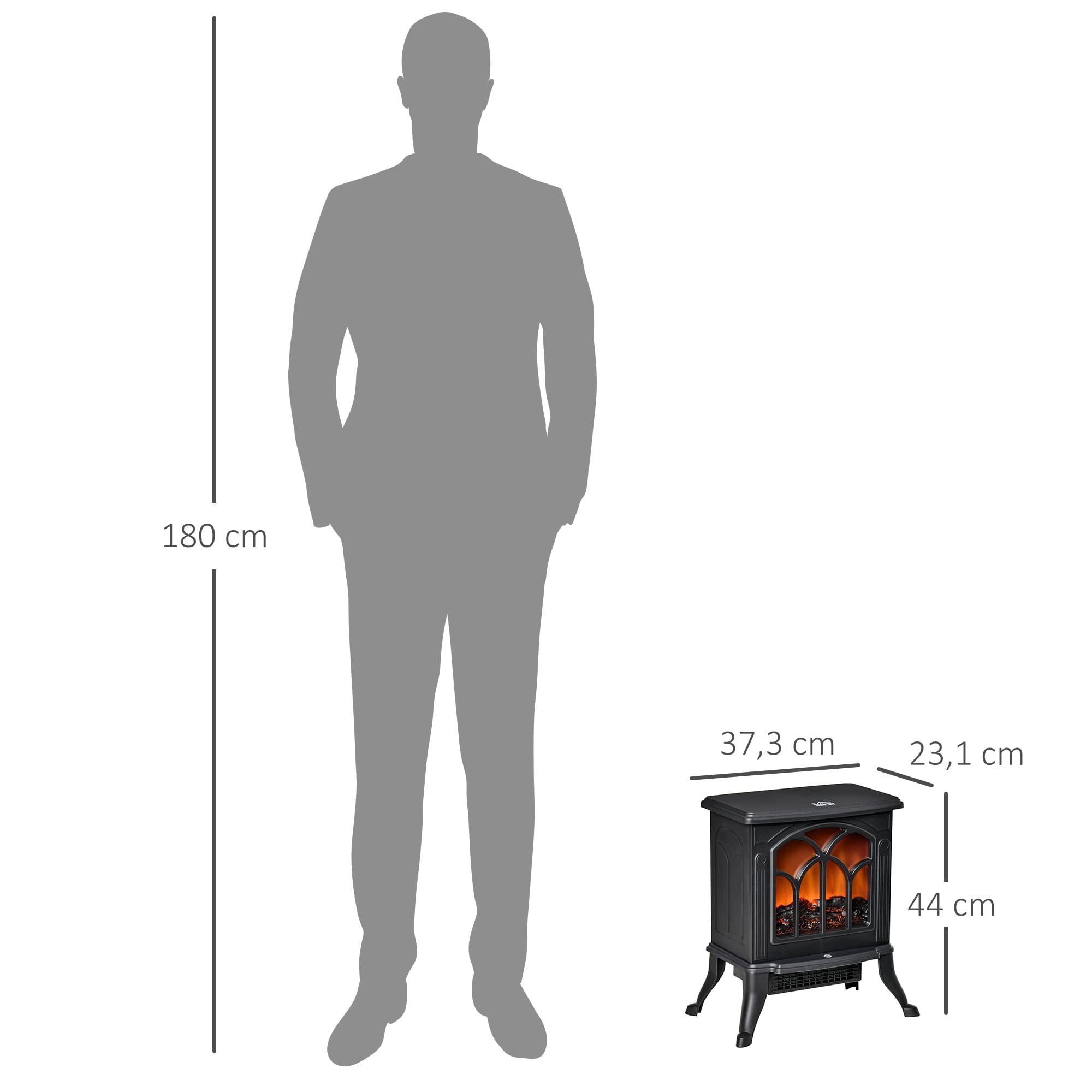 HOMCOM Chimenea Eléctrica de Pie 750/1500 W, Chimenea Decorativa con 2 Niveles de Potencia, Efecto Llama, Protección Sobrecalentamiento, Área de Cobertura 15-20 m², Negro