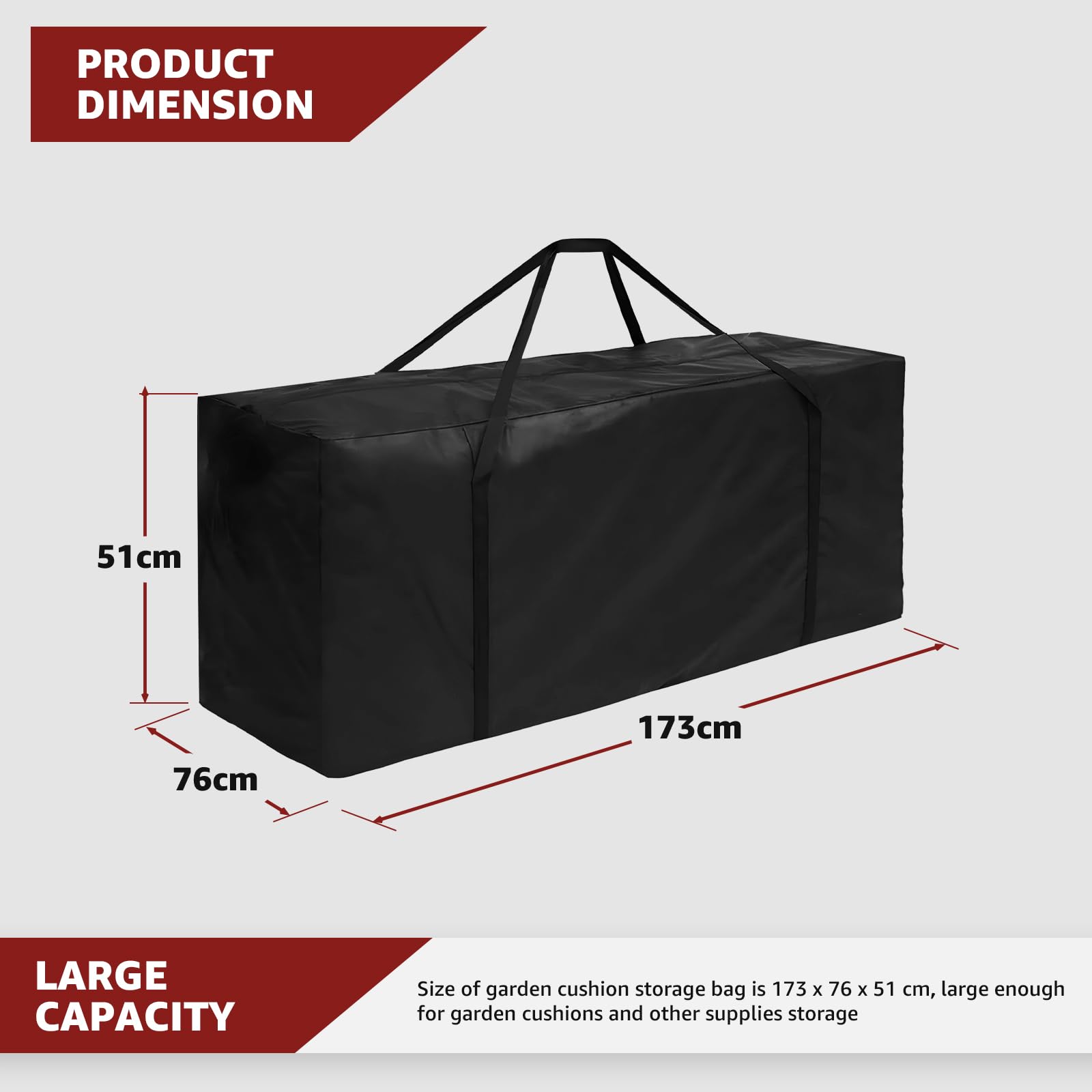 Sac de rangement pour coussins de jardin extra large 670 L très résistant et imperméable avec poignée et fermeture éclair 173 x 76 x 51 cm