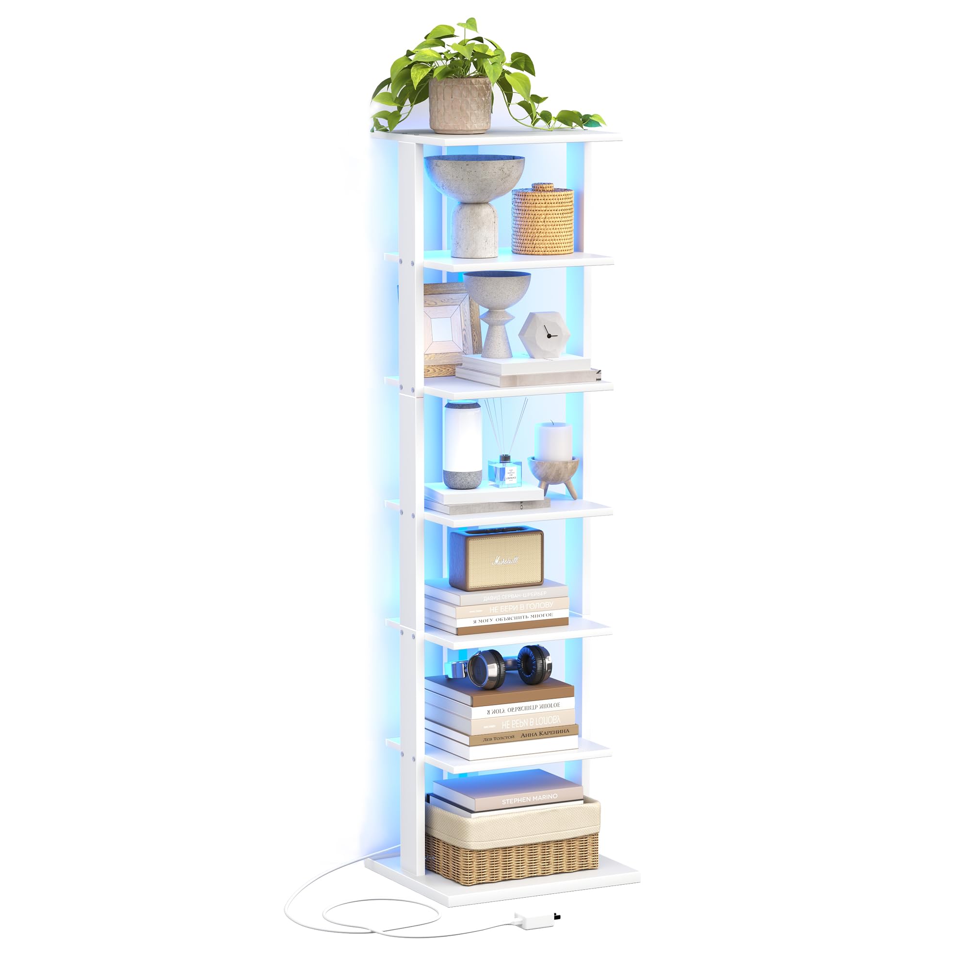 GLANZALANT 7-Tier Bookshelf, Narrow Bookcase with LED Lights, 47.2 Inch Book Shelf for Small Space, Display Storage Shelf for Living Room, Bedroom,