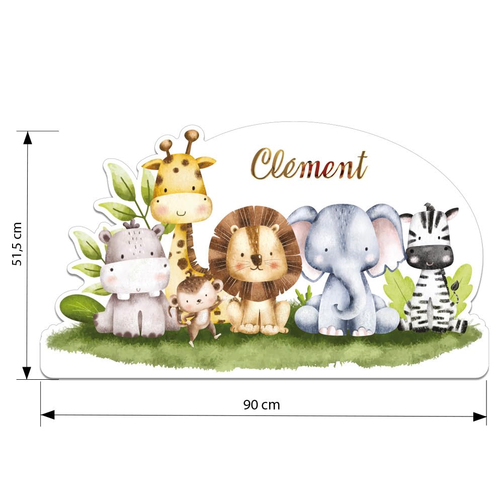 Adzif.biz Le sticker de decoration Tête de lit Animaux de la Jungle Personnalisable, Plaque Murale décor Chambre bébé Animaux de la Jungle