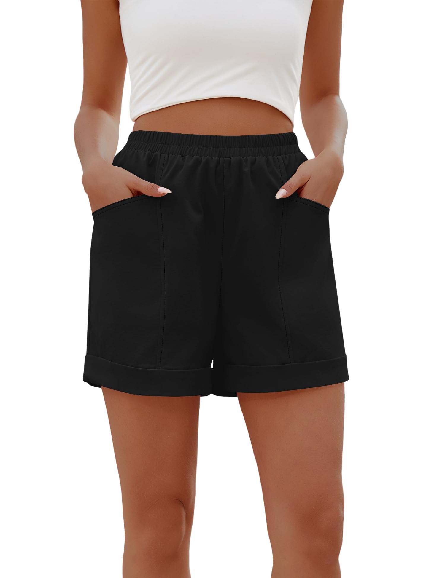 Rapbin Kurze Hose Damen Sommer Elastischer Bund Freizeitshorts Baumwolle Leicht Lässige Shorts mit Taschen für Urlaub Strand