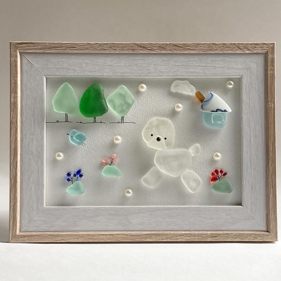 ビションフリーゼのお散歩　うちの子シーグラスアート Amazon.co.jp: 大きめサイズ うちの子シーグラスアート ビション