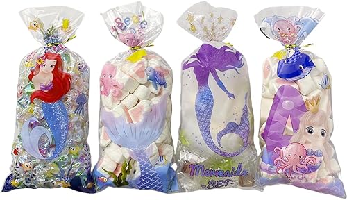 50 bolsas de celofán para dulces de sirena, bolsas transparentes para celofán, bolsas de dulces de galletas con lazos giratorios para cumpleaños,