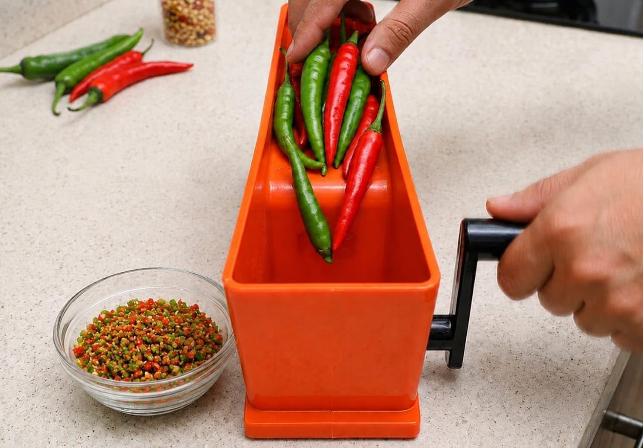 Manual Green Chilli Cutter, Orange Plastic Body, Hand Crank Vegetable Slicer for Kitchen-image-43