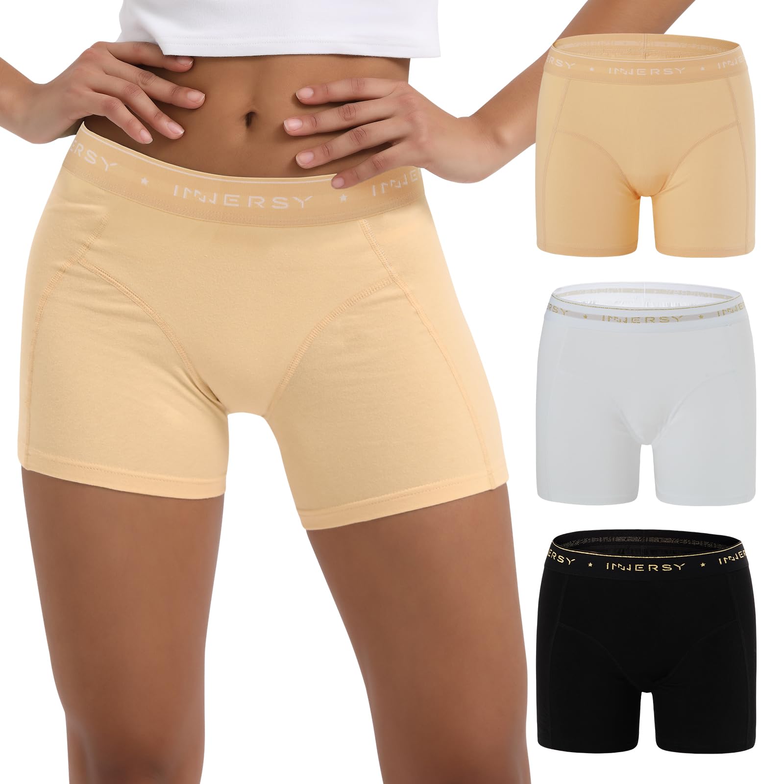 INNERSY Women's 4" Inseam Boxers Briefs Cotton Boyshorts Underwear Ladies Panties 3-Pack