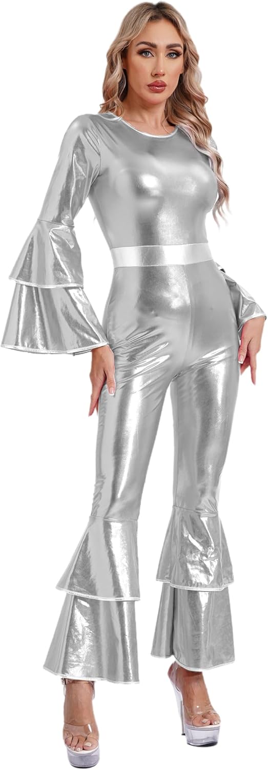 Women Singer Costume Flare Bottom Full Jumpsuit 70s Disco Dance Costume Club Party Bodysuit