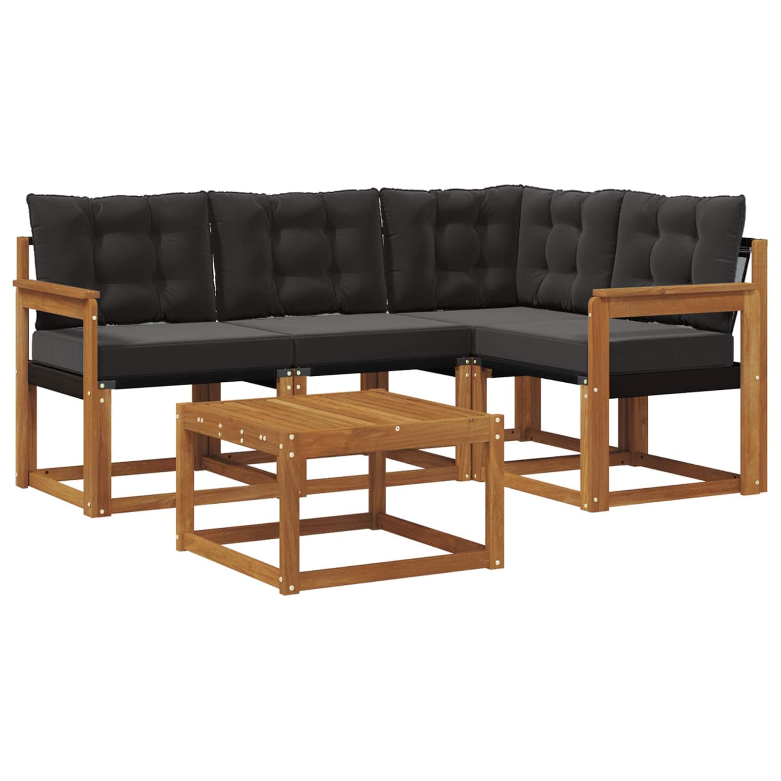 Ensemble de canapés d extérieur 5 pcs Naturel Noir en Bois d Acacia Massif avec Coussins Amovibles lavables résistant intempéries canapé Angle Table Salon Jardin Patio