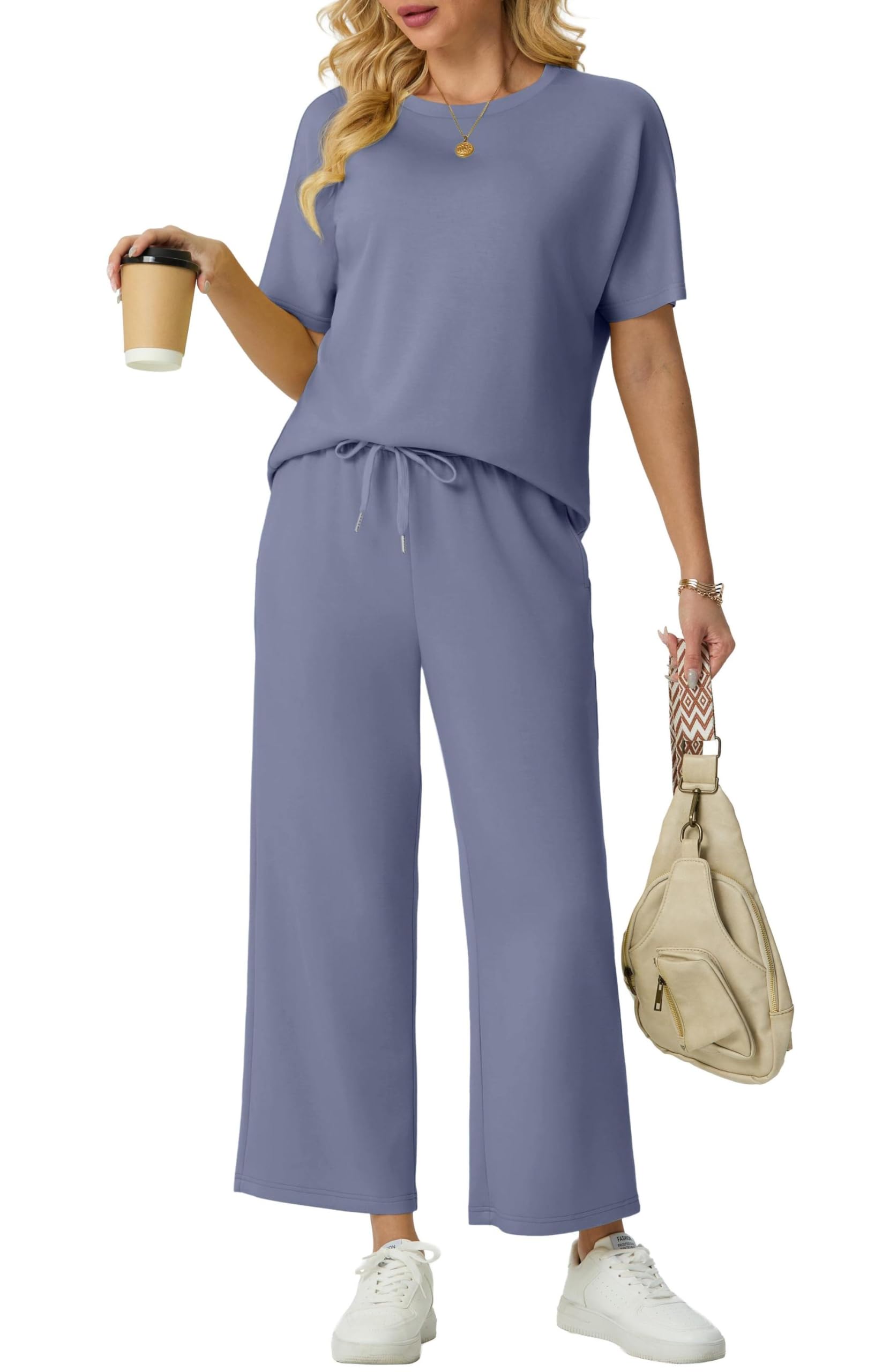 GRECERELLE Chándal de dos piezas para mujer, chándal de verano, traje, manga corta, informal, cuello redondo, camisetas y pantalones de chándal anchos con bolsillos