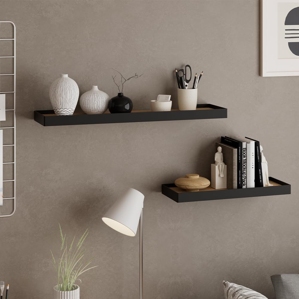 Vicco Estante de Pared Erni, Negro/Roble, 60 x 3 cm Lote de 2, para almacenar y presentar Objetos