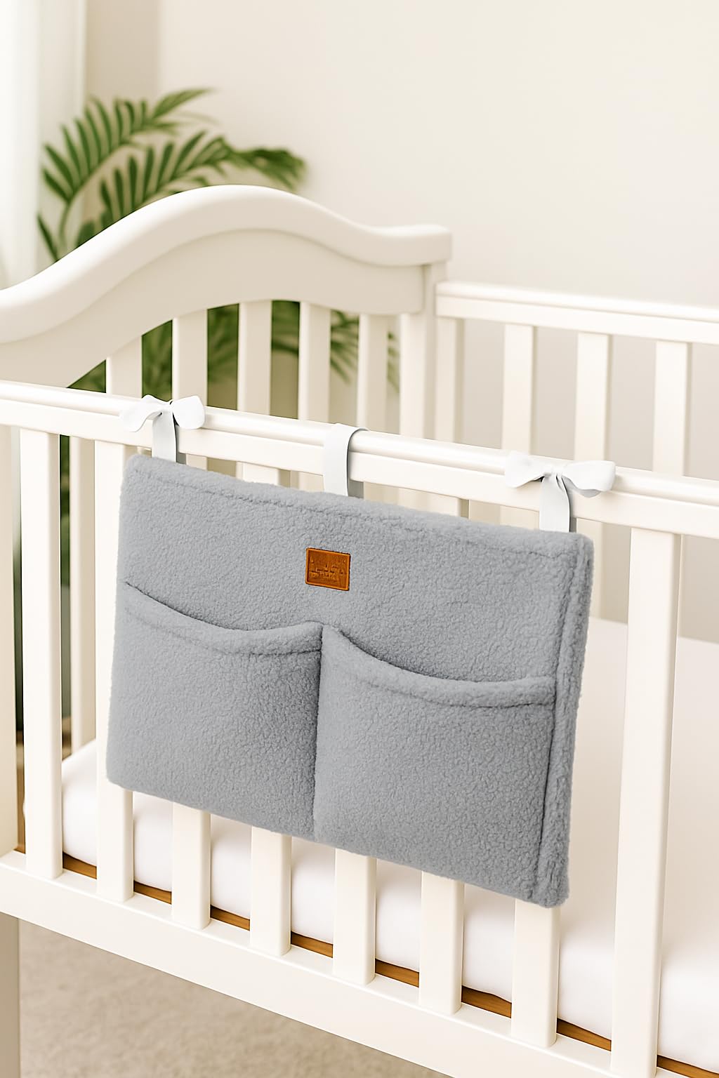 Adm&Eve Bedside Diaper Caddy - Teddy Material With 2 Compartments for Baby Carrier, Crib, Stroller & Changing Table, Hanging Storage Organizer (Grey)