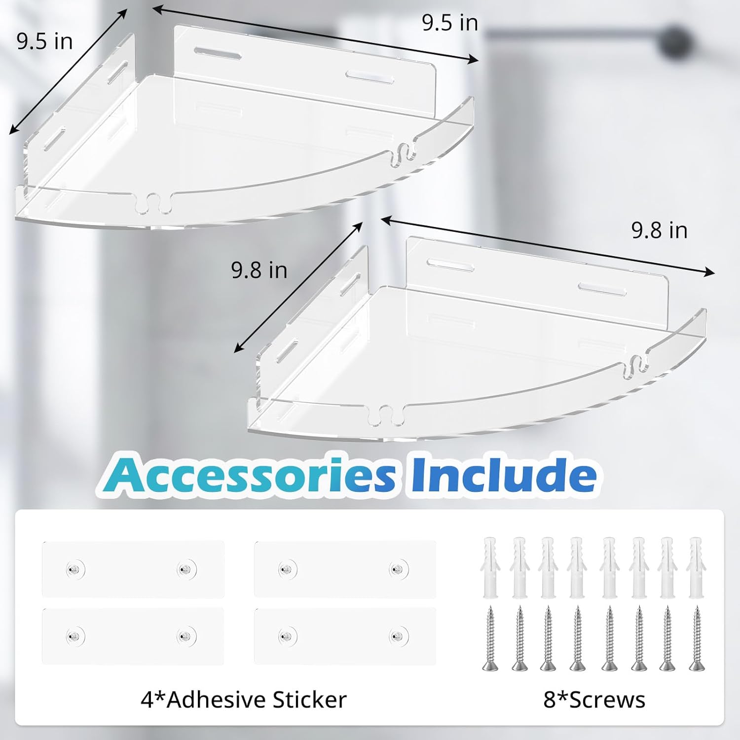 2 Pack Acrylic Corner Shower Caddy, Clear Corner Shower Shelf with 4 Hooks, Adhesive Wall Mounted Bathroom Shower Shelf Organizer for Inside Shower & Kitchen Storage - Image 2