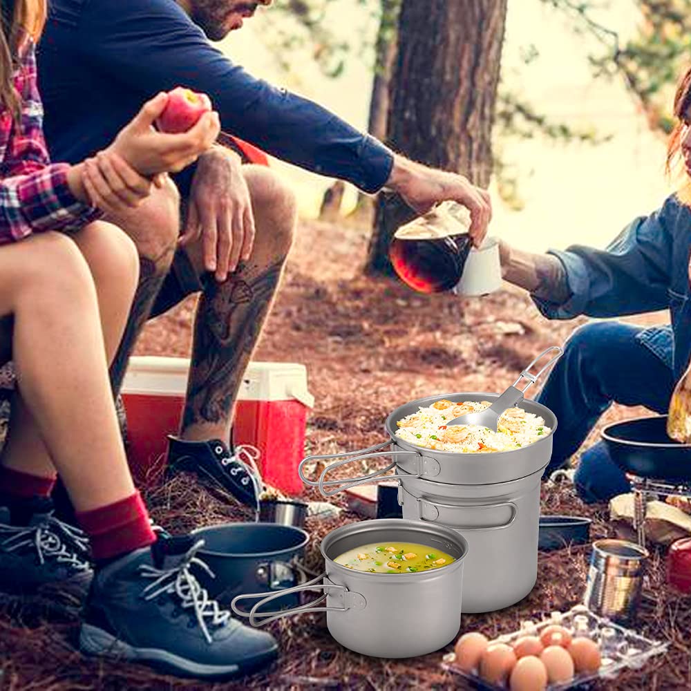 Cocoarm Camping-Titan-Kochgeschirr-Set, Leichtes Titan-Camping-Kochgeschirr, 1000 Ml Topf, 750 Ml Topf, Pfanne, Löffel für Outdoor-Wanderungen, Rucksackreisen