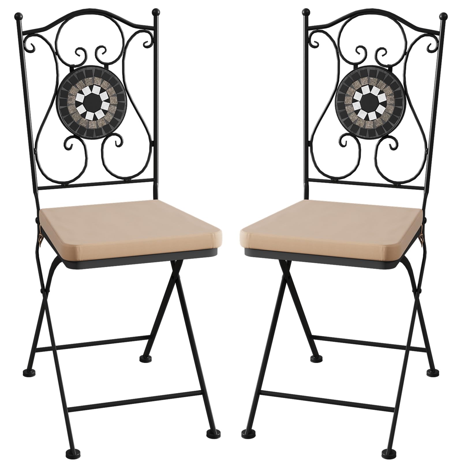 Warmiehomy Folding Mosaic Garden Chairs Set of 2, Black & White Minimalist Patio Bistro Chairs with Cushions & Backrest, Space Saving Foldable Metal Outdoor Dining Chairs for Garden Balcony Courtyard