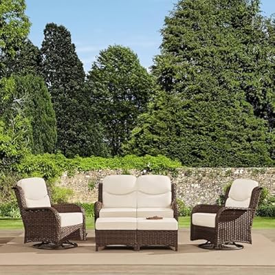 HILLGA Luxury Outdoor Loveseat with Swivel Rocker Chairs and Ottomans, 5-Pieces High Back Patio Furniture Set with 6'' Thick Cushions, Ideal for Porch, Poolside, Deck, and Yard (Cream White)