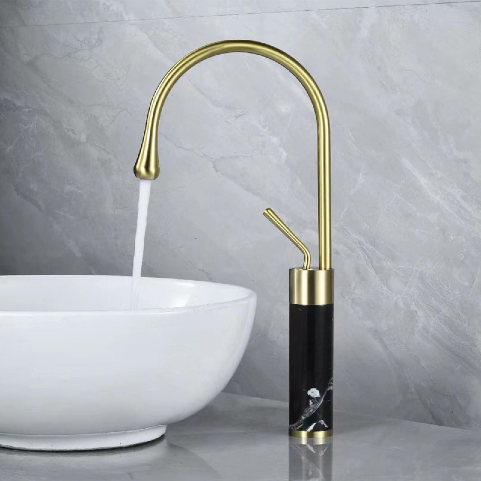 Grifo Lavabo Sencillo Grifo De Mármol Dorado Y Cobre Para Baño Grifo De Lavabo De Agua Fría Y Caliente Grifo Giratorio Para Lavabo De Encimera Dorado + Negro Alto