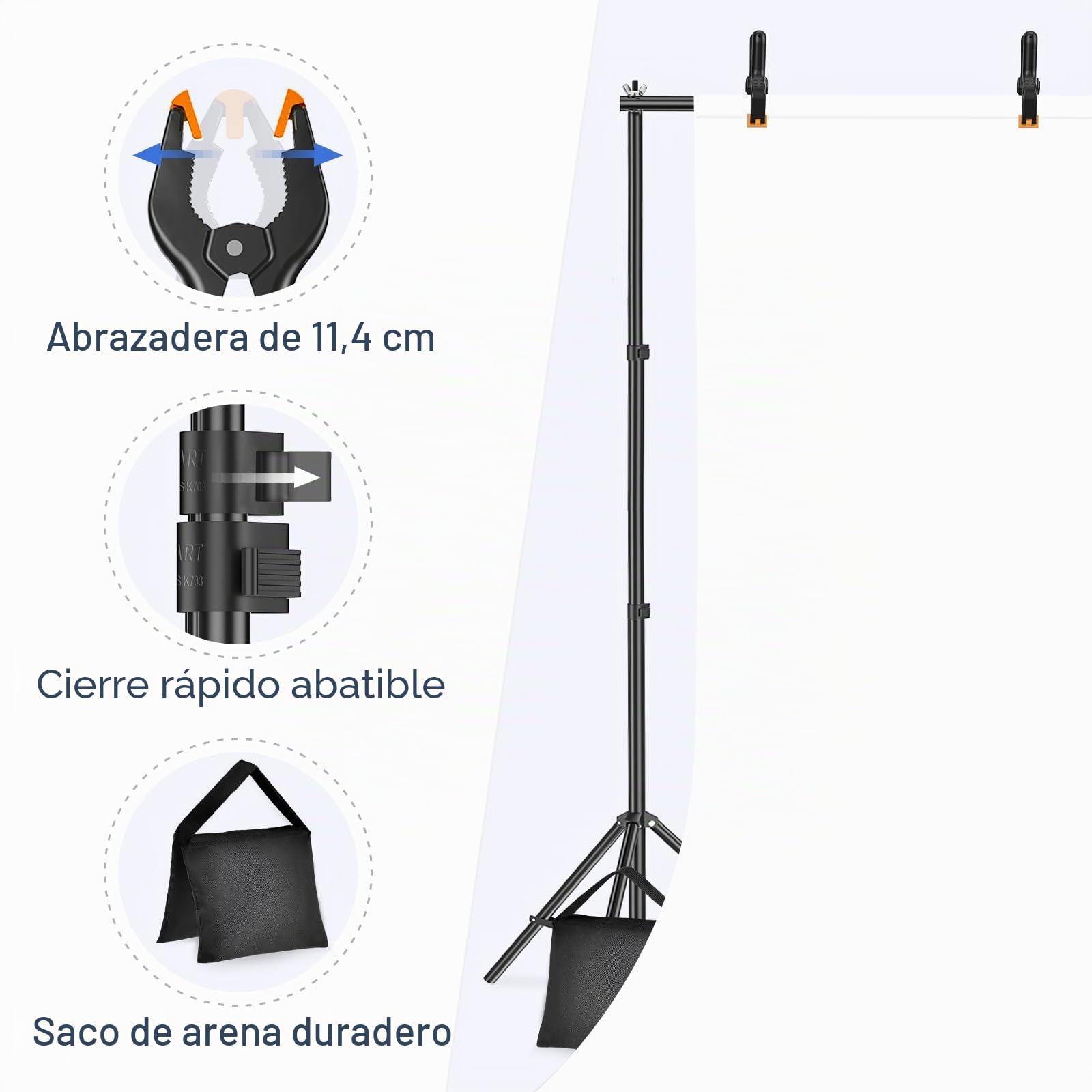 EMART Soporte Fondo Fotográfico 2mx3m, Kit de Sistema de Soporte de Fondo Ajustable con 8 Pinzas y 2 Bolsas de Arena para Retrato, Fotografía de Productos y Grabación de Video