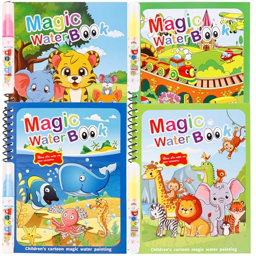 Nurila Wassermalbuch 4 Stück mit 4 Wasserstifte, Wasser Malbuch, Magic Water Colouring Book, Wassermalbuch ab 2 3 4 5 6 für Reisen, Puzzle, Frühpädagogik, Malen, Graffiti