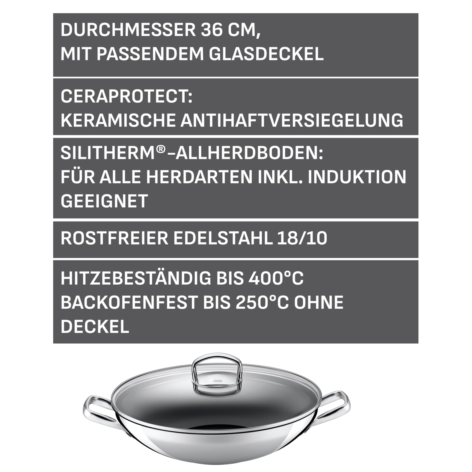 Silit Hongkong Wokpfanne Induktion 36 cm, mit Glasdeckel, CeraProtect keramische Antihaftversiegelung, Edelstahl Wok beschichtet, für alle Herdarten geeignet