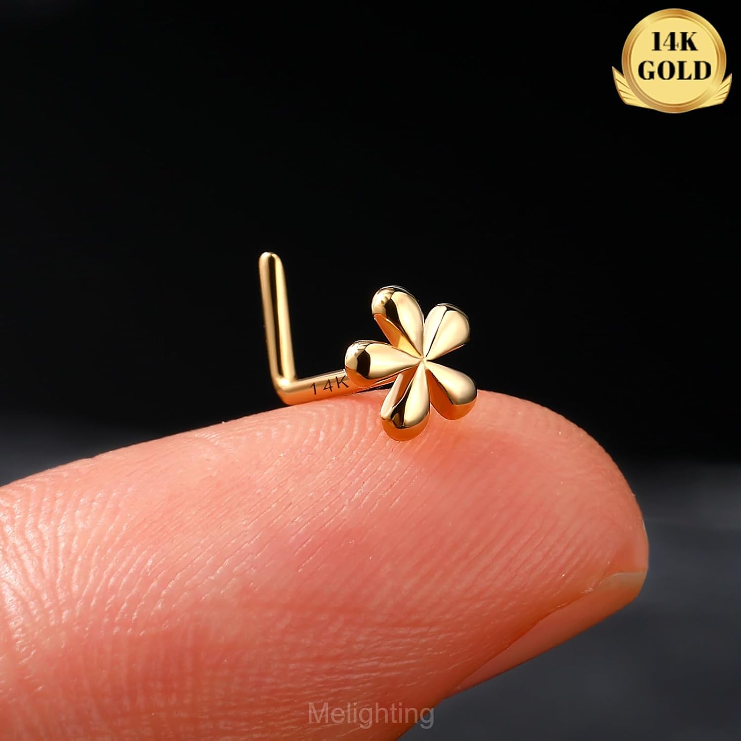 MeIighting Solid Gold Flower Nose Stud 20G Gold Nose Ring L Shaped 14K Solid Gold Nose Piercing Jewelry for Women Real Gold Nose Screw for Women - Image 2