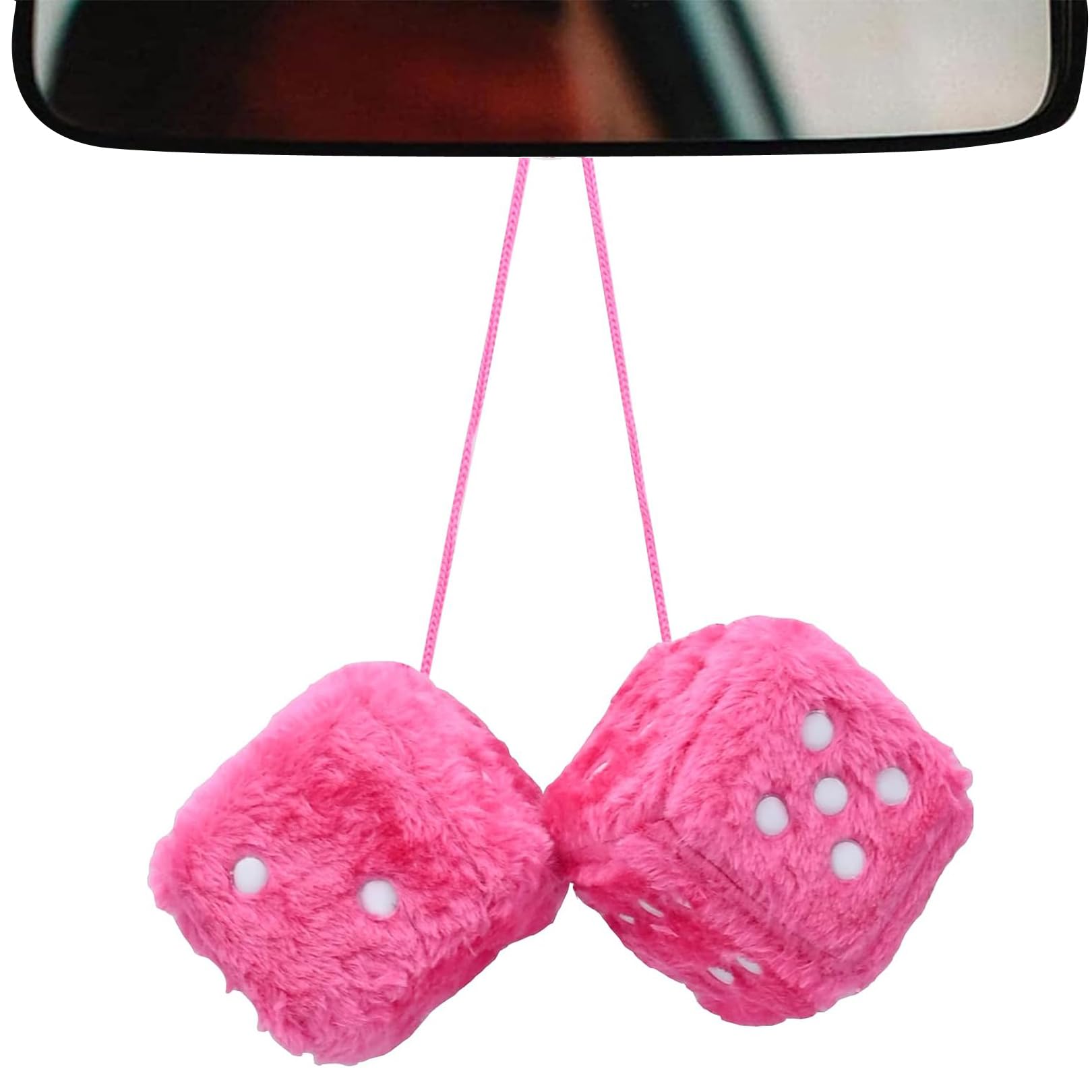 WSS-UK 1 Pair Fluffy Dice for Car Hanging Fluffy,Retro Car Mirrior Hanging Fluffy Furry Dice,Retro Square Hanging Plush Dice with Dots for Car Interior Ornament Decoration Accessories(Pink)