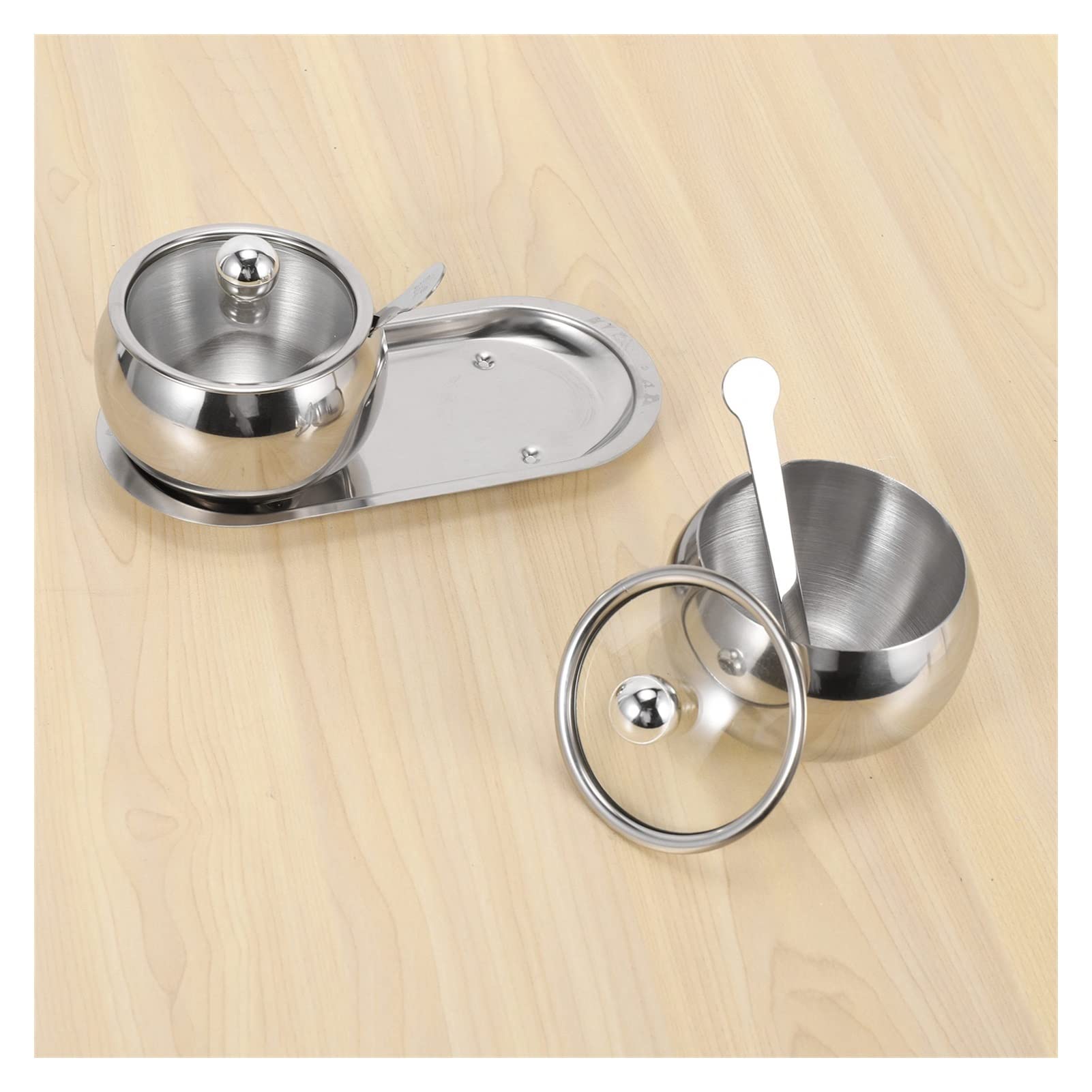 Sucrier avec Couvercle Et Cuillère, 2 Pots À Épices Bol À Sel en Acier Inoxydable Set Pots À Condiments,Argent