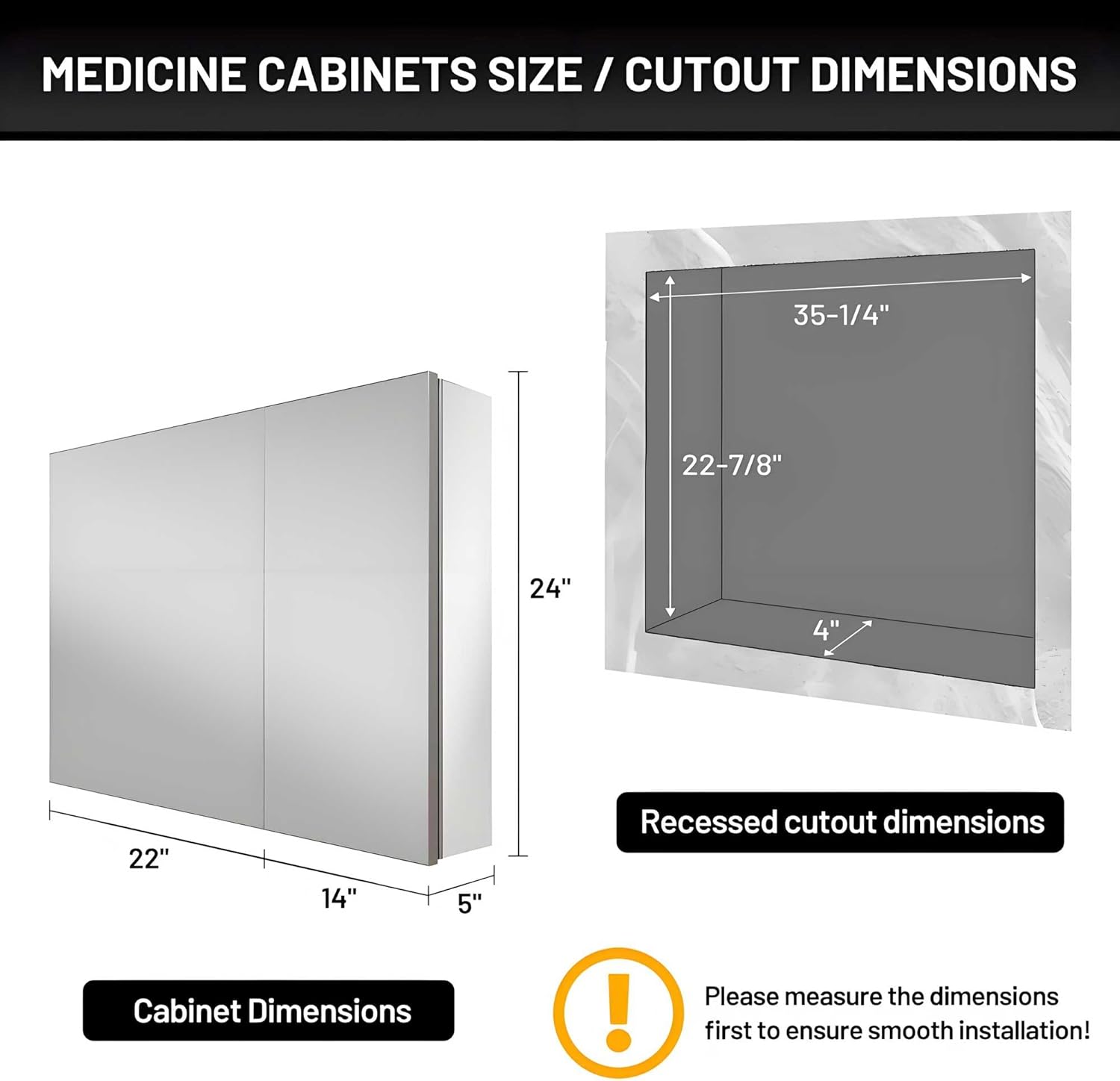 36 x 24 Medicine Cabinet Mirror for Bathroom,Assembly Required,Aluminum Alloy Frame,Recessed/Surface Mounted,Mirrored Side Panel,Adjustable Shelves,Bathroom Medicine Cabinet with Mirror