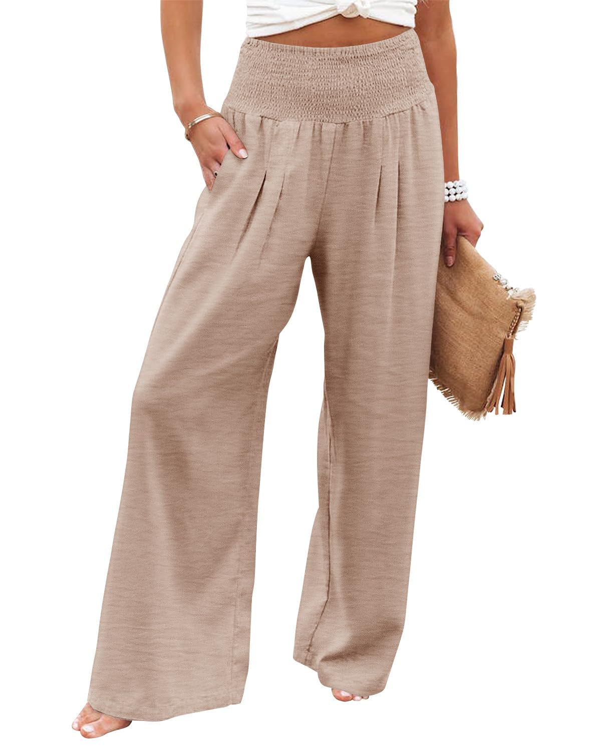 PrinStory Womens Summer Mix Cotton Linen Palazzo Pants High Waisted Wide Leg Long Lounge Trousers with Pocket