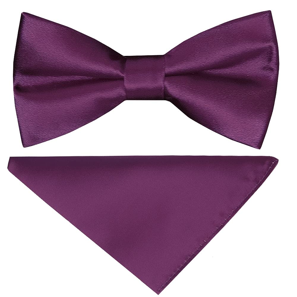 TIES R US Pre Tied Plum Satin Boys Bow Tie and Pocket Square Set