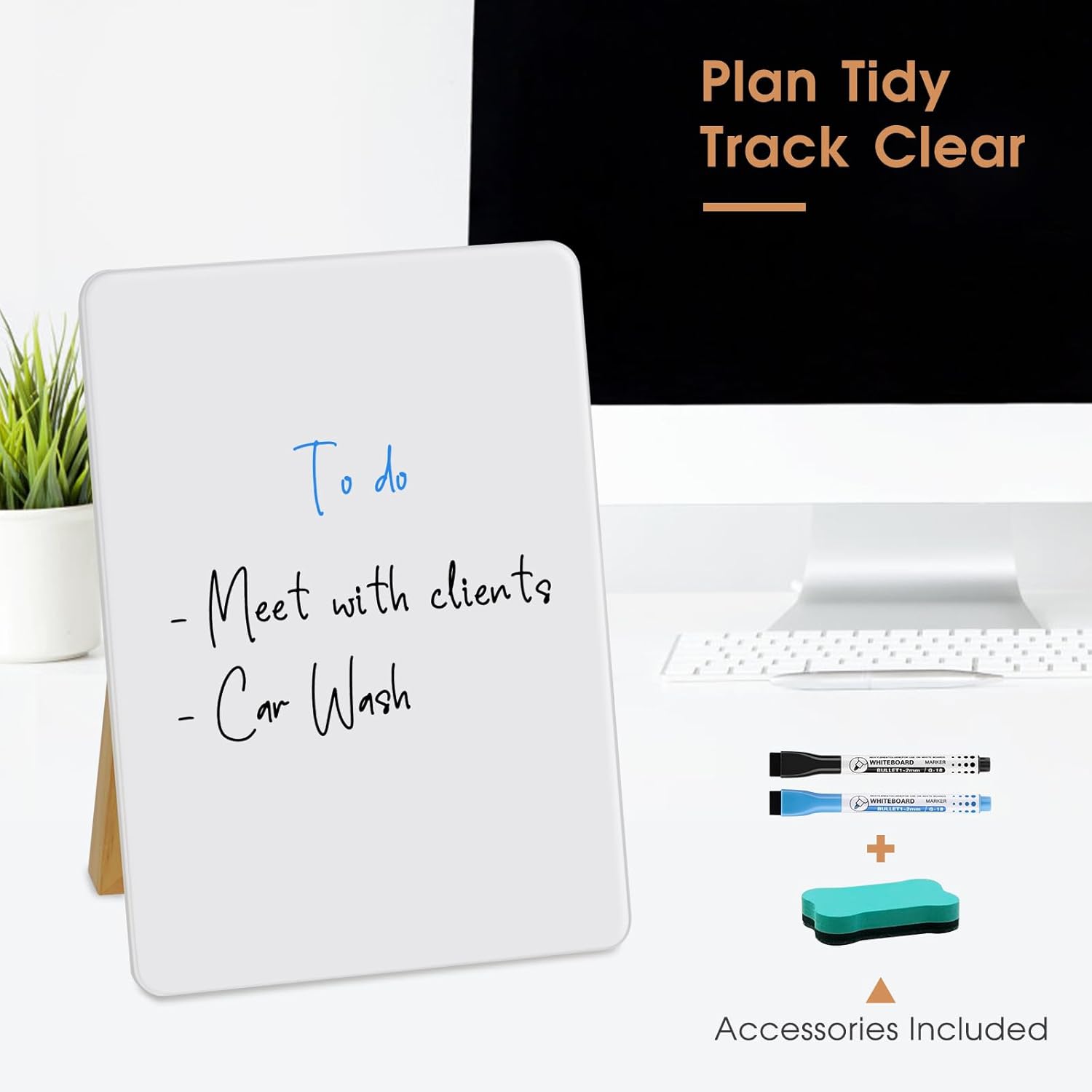 Desktop Glass Dry Erase Board, Small Glass Whiteboard with Adjustable Wood Stand - Reusable Desk Notepad 11" x 8.2" for Home Office