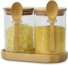 LUMAI Kit 2 Potes de Vidro Porta-mantimentos 550ml com Tampa de Bambu Hermética, Colher Acoplada e Bandeja, Frascos Recipiente Para Armazenar Café, Açúcar, Temperos, Organização de Cozinha Minimalista