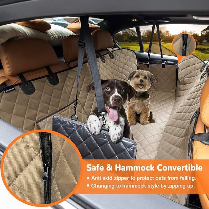 Image of Dog Seat Cover Car Seat Cover for Pets 100% Waterproof Pet Seat Cover Hammock 600D Heavy Duty Scratch Proof Nonslip Durable Soft Pet Back Seat Covers for Cars Trucks and SUVs (Beige, Normal)