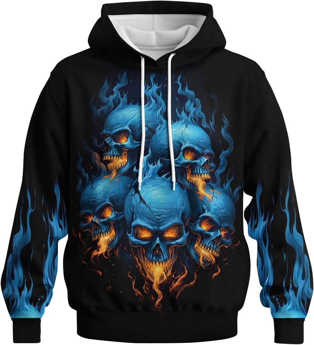 Men's Casual Skull Hoodies Sweatshirt Vintage Graphic Pullover Long Sleeve with Pocket