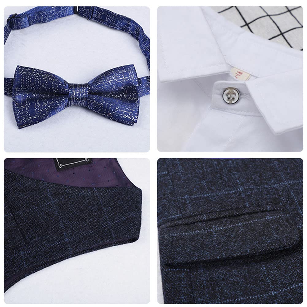 DAIHAN Traje Comunión de Tweed de niño Actuación Cumpleaños Fiesta de Bodas Traje de Fiesta de Esmoquin Pantalones de Chaqueta de Solapa con Pajarita Conjunto de Trajes de Bautizo de Caballero