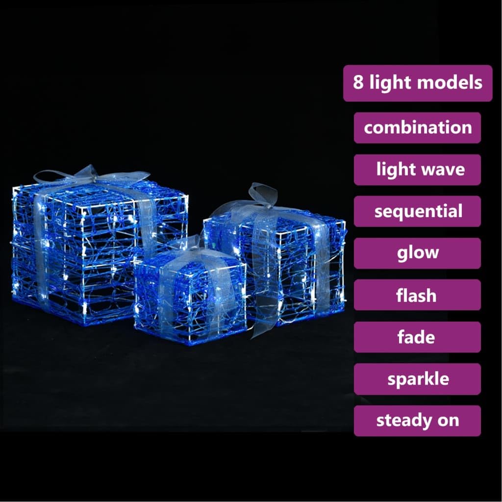 Pudełka prezentowe LED, 3 sztuki, akrylowe, dekoracja bożonarodzeniowa, zimna biel, z 48 diodami LED, 8 trybów oświetlenia, wodoszczelna komora baterii, do użytku wewnątrz i na zewnątrz, do