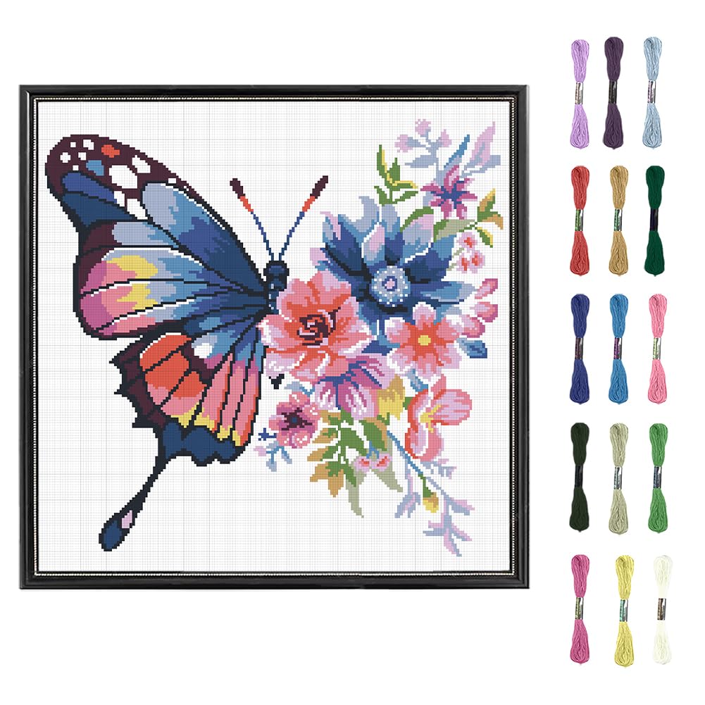 FREEBLOSS 11CT Cross Stitch Kits for Adults Butterfly and Flowers Pattern Printed Cross Stitch Kits for Beginners Wall Hanging Kit Embroidery Needlepoint Kit Home Decor 45x45cm