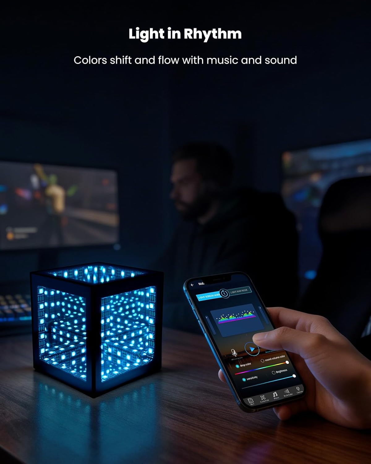 Nobiggie Infinity Mirror Cube Ambient Lighting, 3D Deep Space RGB LED Mood Light with Music Rhythm Sync, Futuristic Hypercube Decor for Home, Bedroom & Living Room (Space Black, Mini - 4.4 Inch)