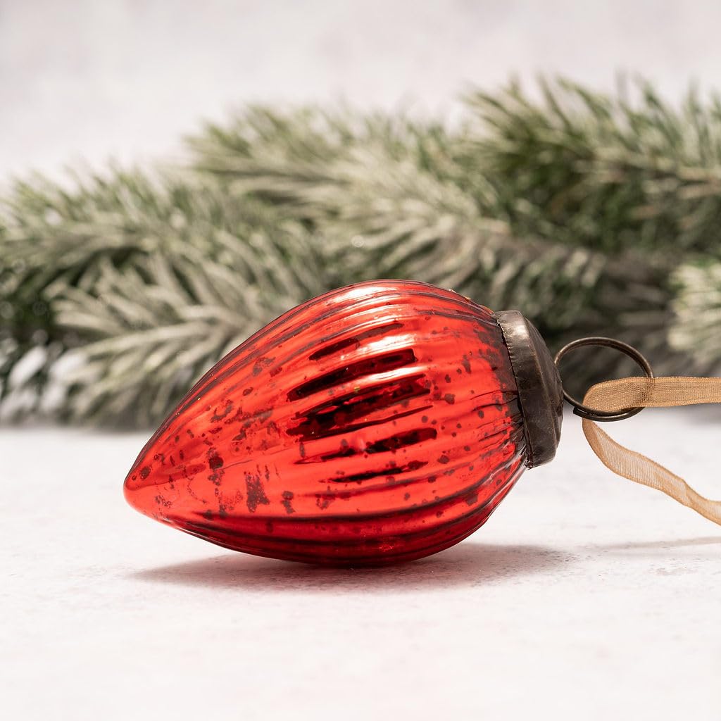 Arthur Cameron – Small 2" Crackle Glass Pinecone Ornaments – Hand-Blown Small Christmas Tree Decorations for Traditional Christmas Trees & Winter Wonderland Displays (Red)