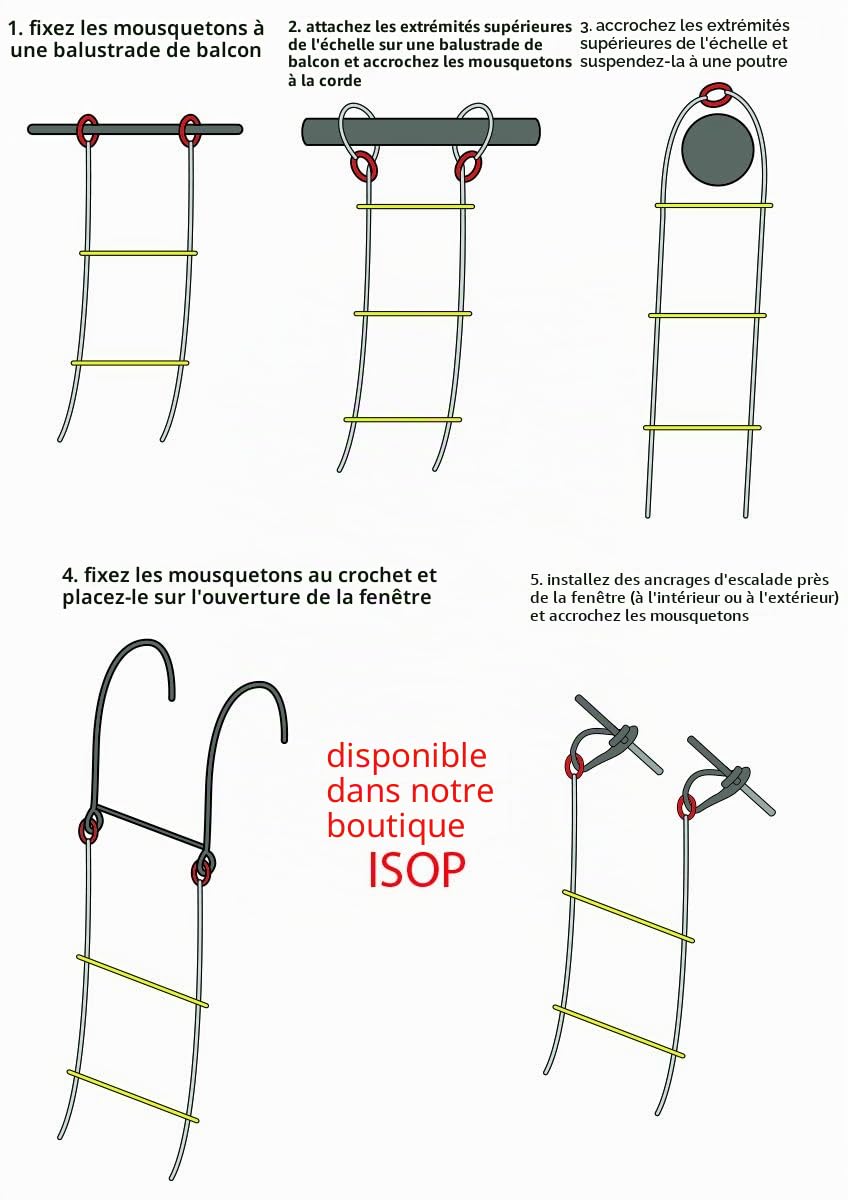 ISOP Échelle d'urgence en Cas D'incendie Échelles de Corde de Sécurité de 2,5 m (8 pi) avec Mosquetones - Compacte et Légère - Capacité de Charge jusqu'à 900 kg