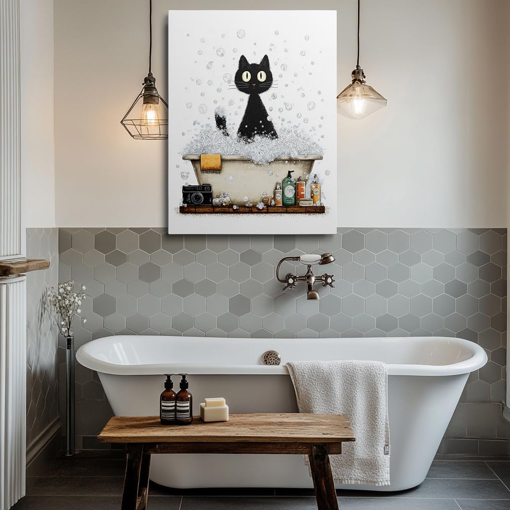 Whimsical Black Cat Bath Time Canvas Wall Art Framed Black and White Painting Funny Animal Wall Decor Artwork Print Poster with Vintage Items Humorous Bathroom Decor for Home Office 16x24 Inches
