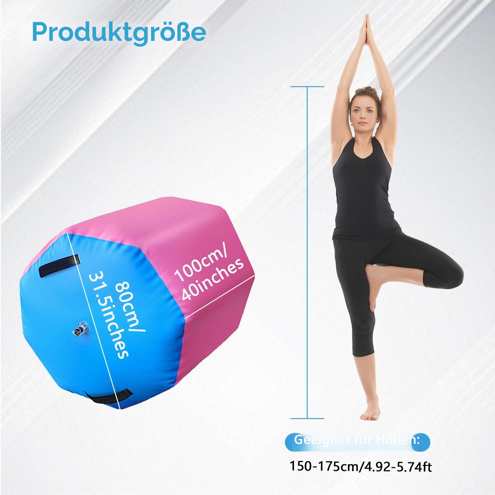 Aufblasbare Air Roll, 80 * 100cm Air Rolle Turnen, Gymnastikmatte mit Luftpumpe, Achteckige Turnmatte, Air Barrel Gymnastik Rolle Tumbling Matten Fitnessrolle für Yoga Fitness Zuhause