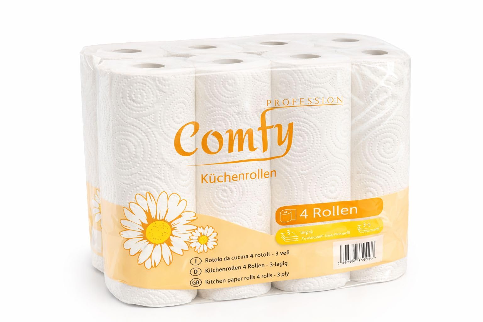 Comfy Küchenrolle 3-lagig – 32 Rollen (8×4), 50 Blatt pro Rolle, hochweiß & reißfest – Premium Küchenpapier