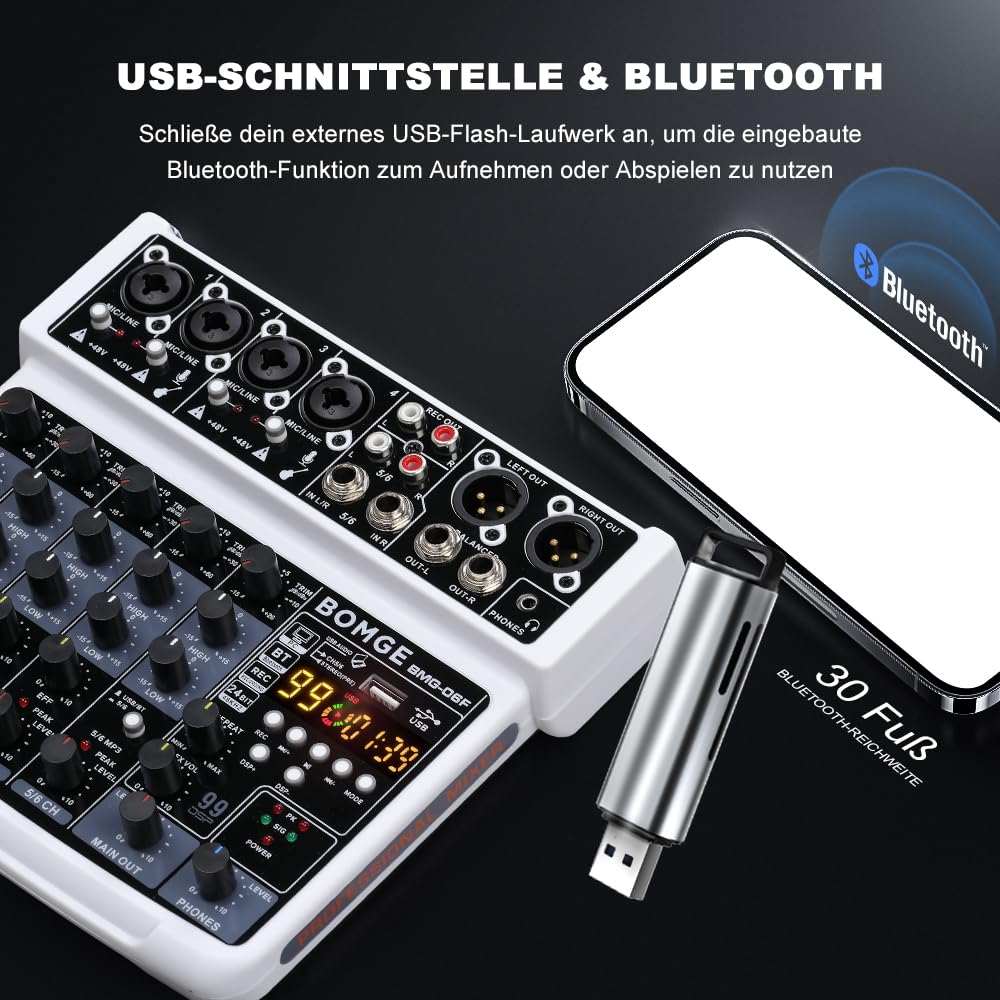 BOMGE 6-kanałowy mini mikser dźwięku DJ z interfejsem USB, Bluetooth, nagrywanie stereo, zasilanie fantomowe 48 V, 24 efekty DSP do karaoke, śpiewania, transmisji na żywo, transmisji strumieniowej,