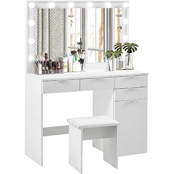 CLIPOP Dressing Table with LED Lighting and Stool Dressing Table with Large Mirror 4 Drawers and Cabinet Modern Bedroom Make-Up 3 Colours with Adjustable Brightness Desk White
