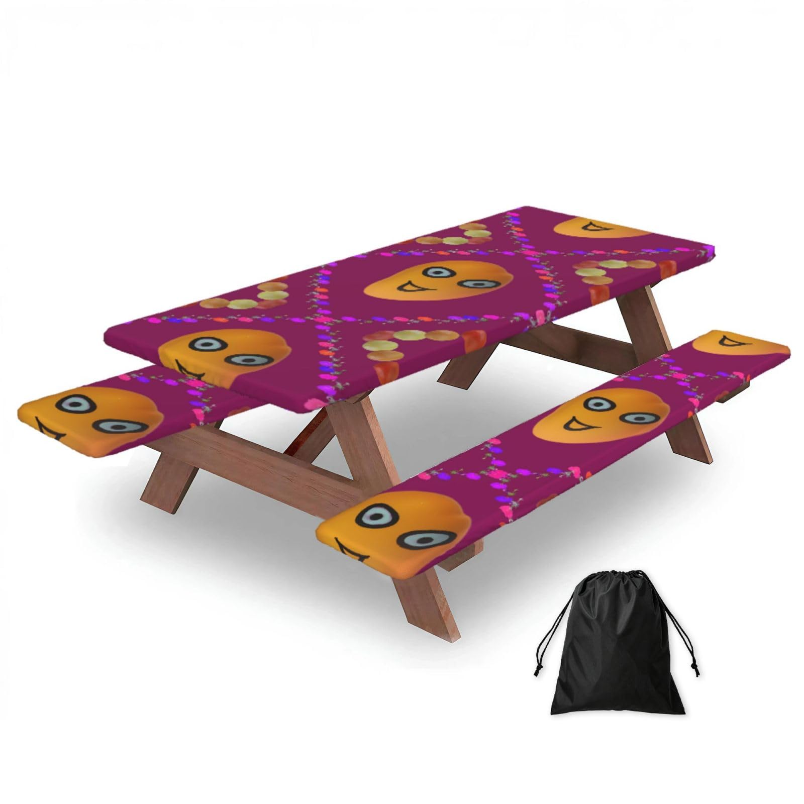 Hhbiuuo Black 72In Camping Table Cover & Bench Covers 3-Pack Set, Smiley Mango Print Tablecloths, For Rectangle Tables Picnic