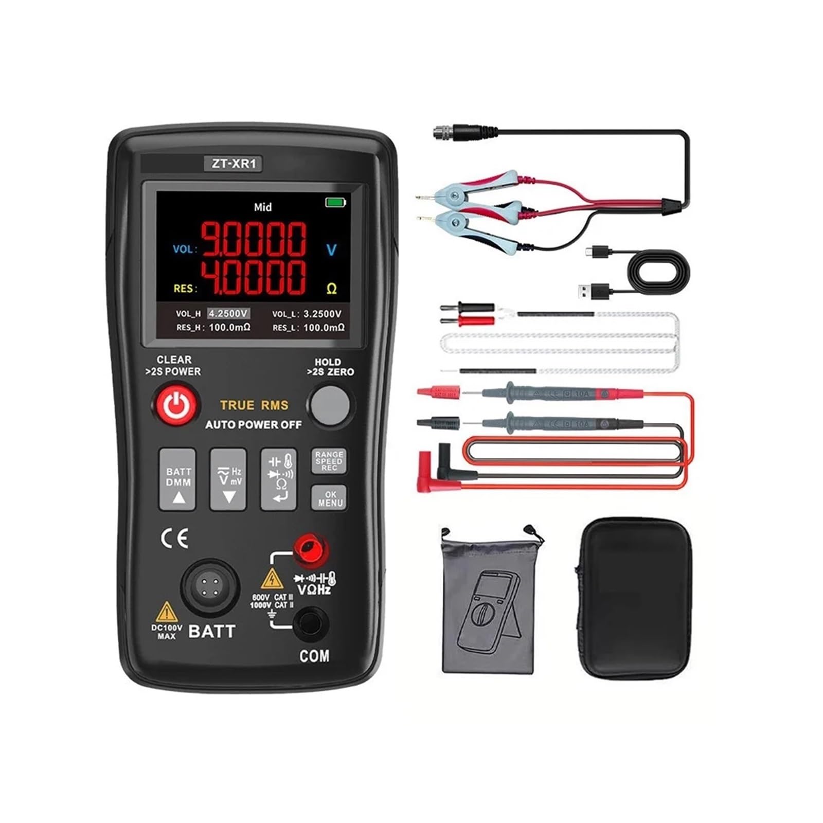 Testeur de résistance ZT-XR1 : multimètre numérique Haute précision, testeur de résistance Interne de Batterie, testeur Portable for électriciens.(English-Bag)