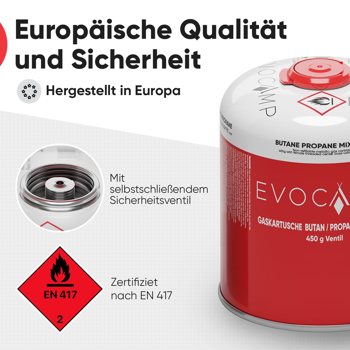 EVOCAMP 4x Propan Butan Gaskartuschen 450g einsetzbar für Weber Grills Q100/1000-Serien, Schraubkartusche Eurogewinde 7/16", Ventilkartusche 809ml mit Sicherheits-Verschlussautomatik